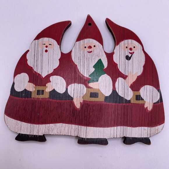 Hallmark 3 Santa Claus Wood Christmas Tree Ornament Handpainted 1986 Vintage - Picture 1 of 3